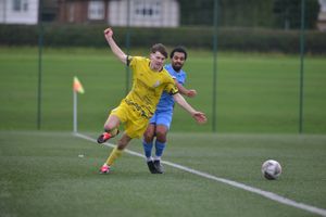 Action from Ellesmere Rangers' (yellow) 3-0 victory at Shrewsbury Up & Comers on Saturday. Ellesmere's Adam Oliver gets away from Shrewsbury's Nelson Mateus