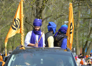 The Vaisakhi parade taking place in Wolverhampton, starting from the Guru Nanak Sikh Gurdwara