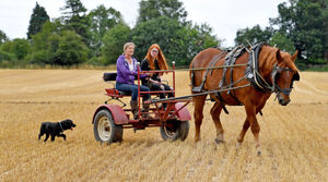 Jo Webster and Olivia Shuter with Dudley the dog and Harvey the horse