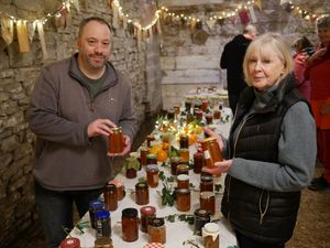 Kington Chamber of Trade's Gareth Clark and Pam Peek at last year's first marmalade competition