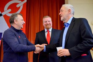 Jeremy Corbyn with Dudley's Labour group leader, Councillor Pete Lowe, and Labour campaigner Damian Corfield