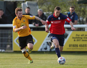 Ryan Higgins of Leamington and Shaun Whalley of AFC Telford United