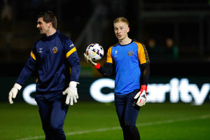 Shrewsbury Town goalkeeper Matt Cox (right) with goalkeeper coach Harry Burgoyne 