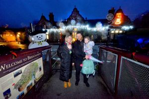 LAST COPYRIGHT SHROPSHIRE STAR STEVE LEATH 10/12/2019..Pic in Bridgnorth at the Severn Valley Railway where they had there Lights and Steam event ( pics taken in torrential rain).  Alex Webb and TJ Webb 5 months and Craig  and Brooke 3 Webb , Stourport..