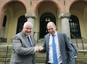 Simon Henderson (headmaster of Eton College) and Councillor Patrick Harley celebrated the deal for the new college in Dudley in 2023, a plan which has been revived