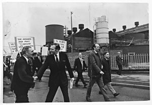 Stonehouse pictured in July, 1972, on a demonstration against the proposed closure of the TI factory in Wednesbury
