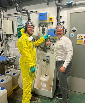 SLT Head of Operations  Mark Wildman (right) and SLT Facilities Manager Graham Berry, carrying out maintenance checks in the plant room at Tipton Leisure Centre