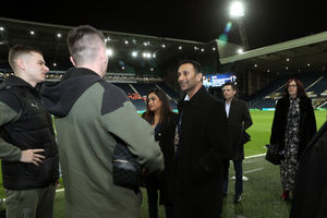 Shilen Patel meets with Jed Wallace and Conor Townsend (Photo by Adam Fradgley/West Bromwich Albion FC via Getty Images).