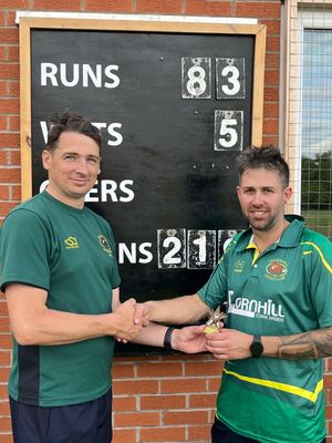 Chris Rowe, Calverhall CC Vice Captain as Man of the Match through his 83 runs and 5 wickets