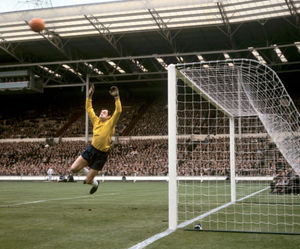 Banks in action for England against Hungary at Wembley in 1965