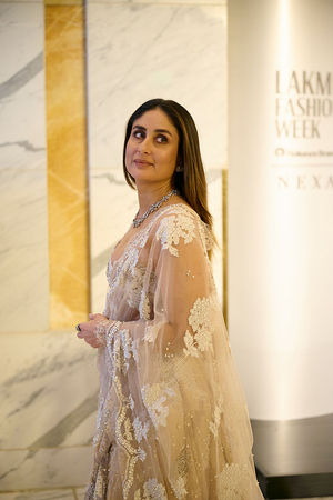 MUMBAI, INDIA - MARCH 30: Kareena Kapoor arrives in Manish Malhotra costume for the Gala dinner at Lakmé Fashion Week 2025 on March 30, 2025 in Mumbai, India. (Photo by Aalok Soni/Getty Images)