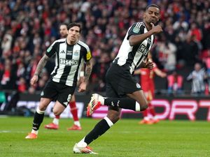 Newcastle United's Alexander Isak scores in the Carabao Cup final