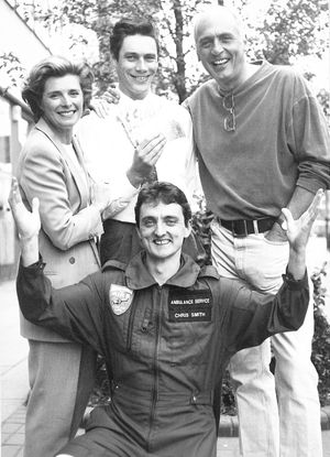 Jan Harvey and Stephen Yardley from television series Howard's Way presenting money to Nick Richards, the winner of a prize draw organised to support the air ambulance. Jeremy Penn-Ashman is also in the photograph taken on May 4, 1993.