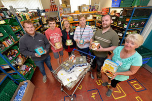 Cannock and District Food Bank. From left to right: Adam Tilsley, Luke Pilsbury, Victoria Pinter, Sue Harrell, Daniel Regan and Angie Hart