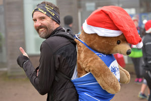 Mike Shelton and his bear braved the icy conditions.