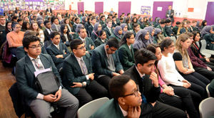 Students at Joseph Leckie Academy listen intently to Mindu Hornick