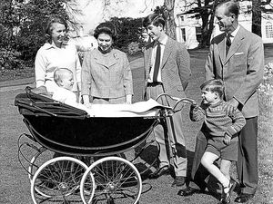 The Queen on her 39th birthday, with the Duke of Edinburgh and their children, from left, Anne, Edward, Charles and Andrew, on the lawn at Frogmore House, Windsor
