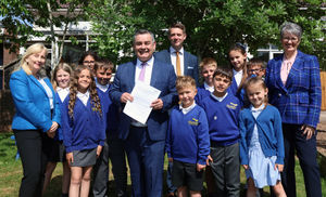 Jo Evans - TrustEd Director of Education, Paul O’Malley - Executive Headteacher, Chris Marsh - Head of School, and Sarah Godden - TrustEd CEO, with pupils from Alveley Primary. 