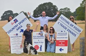 Newport Show is returning to Chetwynd Deer Park on July 12. Show President, David Jones, with (L-R) Sarah Piper, Sally Western, Kitty Ing, Emma Haselwood and Gina Maher, with dogs, Pippy and Ella
