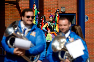 A stilt walker greets supporters ahead of kick-off outside The Hawthorns. (Photo by Adam Fradgley/West Bromwich Albion FC via Getty Images)