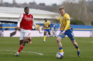 Mansfield Town's Will Evans scoring his team's opening goal during the Emirates FA Cup fifth round match at One Call Stadium, Mansfield. Picture date: Saturday March 7, 2026.