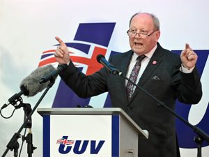 TUV leader Jim Allister speaking on stage