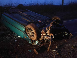 Supporting image for story: Overturned car blocks road near Newport's Harper Adams University