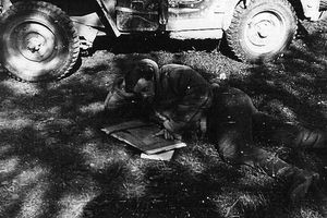 Major John Davies Campbell checking a map during a patrol halt during the war.