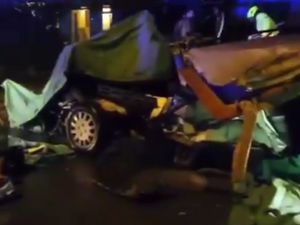 Supporting image for story: Three taken to hospital after crash splits car in two
