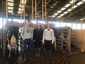 Final year BSc students Dan Smith, Isla Andrews and Elin Davies beside the GreenFeed Units that are measuring the methane output from dairy cows as part of their HRP.