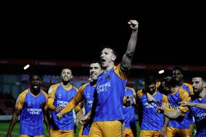 Will Boyle celebrates scoring a goal during Shrewsbury's win at Salford on Tuesday.