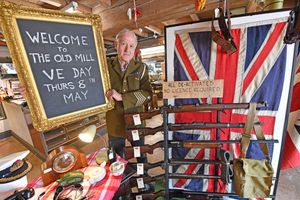 Old Mill antiques, Bridgnorth,Wartime memorabilia - with John Ridgway - timely for VE Day. Pictured , Kevin Sharp.