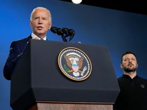 Former US president Joe Biden and Ukrainian president Volodymyr Zelensky