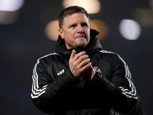 Newcastle head coach Eddie Howe applauds the fans after an FA Cup fourth round win at Birmingham