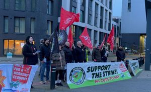 Bin workers at a demonstration in Broad Street, Birmingham on Tuesday, February 17. Credit: Alexander Brock. Permission to use for all LDRS partners.