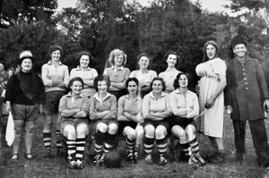 Albrighton ladies football team in 1959. This picture was shared by John Gunnell, whose father, James Gunnell, used to be a photographer and took the photo. John's mother Mollie Gunnell is on the picture. It was a novelty or charity event. John names them as back row: Reenie Francis (sic), Joyce Polak, Annie Millward, Dot Humphreys, Jean Davies, Eva Medlyn. Front, Mollie Gunnell, Marg Millward, Joyce Bevan, Jean Churm, Doreen Hookey, Bill Crutchley and Jack Weston.