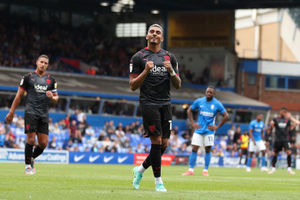 Karlan Grant of West Bromwich Albion celebrates after scoring a goal to make it 3-0. (AMA)