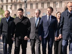 (left to right) Poland’s Prime Minister Donald Tusk, Ukrainian President Volodymyr Zelensky, Prime Minister Sir Keir Starmer, French President Emmanuel Macron, Ukrainian President Volodymyr Zelensky’s wife Olena Zelenska and German Chancellor Friedrich Merz in Maidan Square in Kyiv