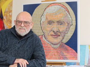 Supporting image for story: Hednesford pop artist marks historic occasion by depicting Catholic theologian in stamps