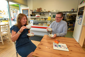 Revs Phil Cansdale and Fiona Iddon, enjoying a coffee at cafe connect in Radbrook, Shrewsbury