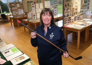 Niki Scott, Centenary Chair with one of the exhibits. Image by Andy Compton