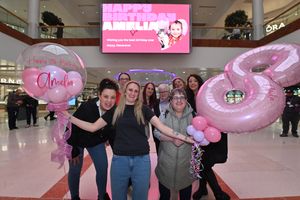 Merry Hill Centre and the Macarena was danced for poorly Birthday Girl Amelia. Charmaine Grace with: Nadine Hill from Cloud 9 Balloons and events, , Fiona Parish, Shelley Robertson, Maggie Lane , Lilltle Shell from Dunelm, Sue and Stacey Dixon from Party Angels.
