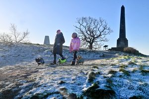 Frost at Lilleshall monument, where Claire Goodwin and Erin-Mae Goodwin-Samuels were enjoying a chilly start to Friday with dogs, Ted, Evie and Primrose 