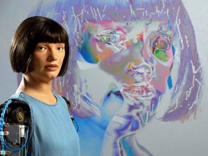 Supporting image for story: Self-portraits by robot artist go on display at the Design Museum