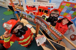 Firefighters Matyas Andries, Elliot Smith and Emily Morris all aged four 
