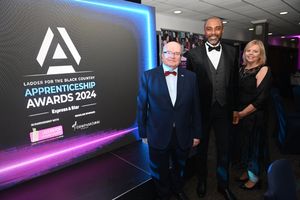 BUSINESS COPYRIGHT NATIONAL WORLD TIM STURGESS 13/11/24.  Ladder for the Black Country  Apprentice Awards 2024 .The Richardson Suite at West Bromwich Football Club. Pictured, Tim Carver, Kevin Davis, Justine Johnson.