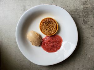 Treacle tart with rhubarb compote and rhubarb and vanilla ice cream
