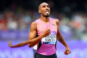 Matt Hudson-Smith celebrates finishing second in the men's 400m final during the Novuna London Athletics Meet, part of the 2025 Diamond League at London Stadium in July