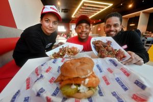 The Team: In black T and cap is Manager at this store Shena Sanghwal, in red T is team member Ben Kaz and with them is Franchisee Jack Davis.