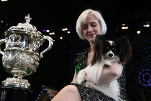 Dylan, a Papillon from Belgium, with owner Kathleen Roosens after winning the best in show during the final day of the Crufts Dog Show 2019 at the NEC in Birmingham. Photo credit: Aaron Chown/PA Wire
